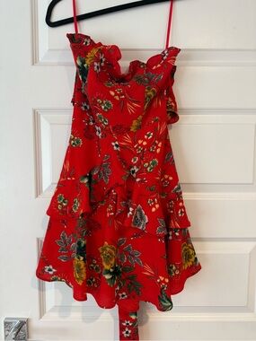 Angel Biba Red Floral Ruffle Spaghetti-Strap Dress